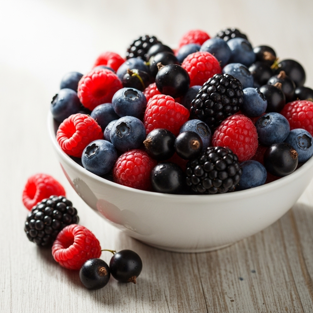 A beautiful bowl of mixed berries including black currants, arranged artfully with natural lighting, set on a light-colored surface. The berries should look fresh and vibrant. Style: clean food photography with soft, diffused lighting. No text.