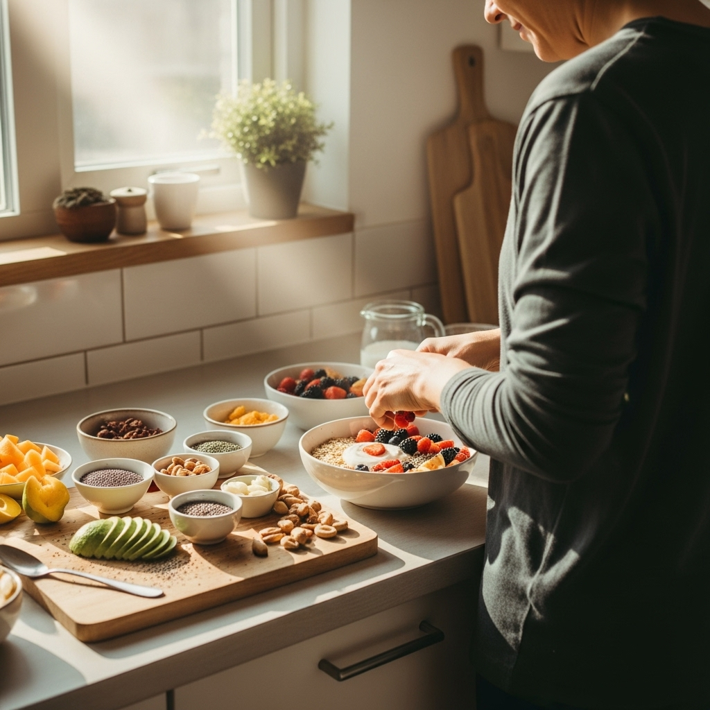 A person preparing a healthy breakfast bowl in a bright, modern kitchen, with fresh ingredients visible on the counter. The scene shows morning sunlight and a positive, wellness-focused atmosphere. Style: lifestyle photography with warm, natural tones. No text.
