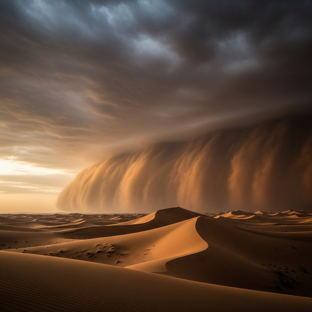 A vast desert landscape with a huge sandstorm approaching in the distance. The sky is dramatic with swirling sand. The scene conveys a sense of awe and slight apprehension. natural lighting, cinematic feel, no text.