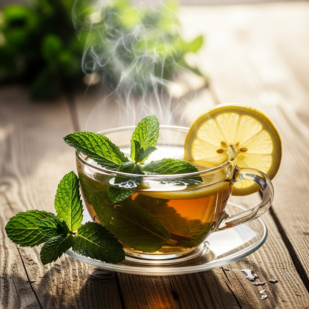 A close-up lifestyle photograph of a steaming cup of peppermint tea with fresh mint leaves and a slice of lemon on a rustic wooden table, bathed in soft, natural morning light. no text.