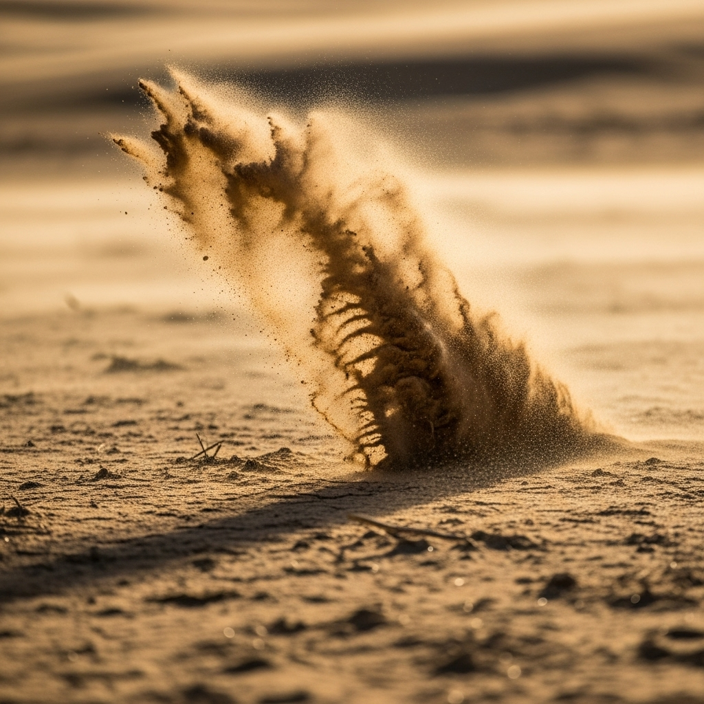 A close-up shot of strong winds kicking up sand particles from the desert ground, showing the initial stages of a sandstorm. Emphasize the dry, arid environment and the force of the wind. lifestyle photography, clear visuals, no text.