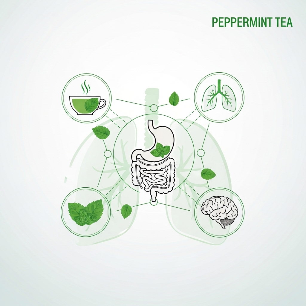 A clean infographic illustrating the benefits of peppermint tea for human health. Show icons for a healthy digestive system (stomach, intestines), clear lungs, and a focused brain, interconnected with subtle peppermint leaf motifs. Use a light color palette with green accents. no text.
