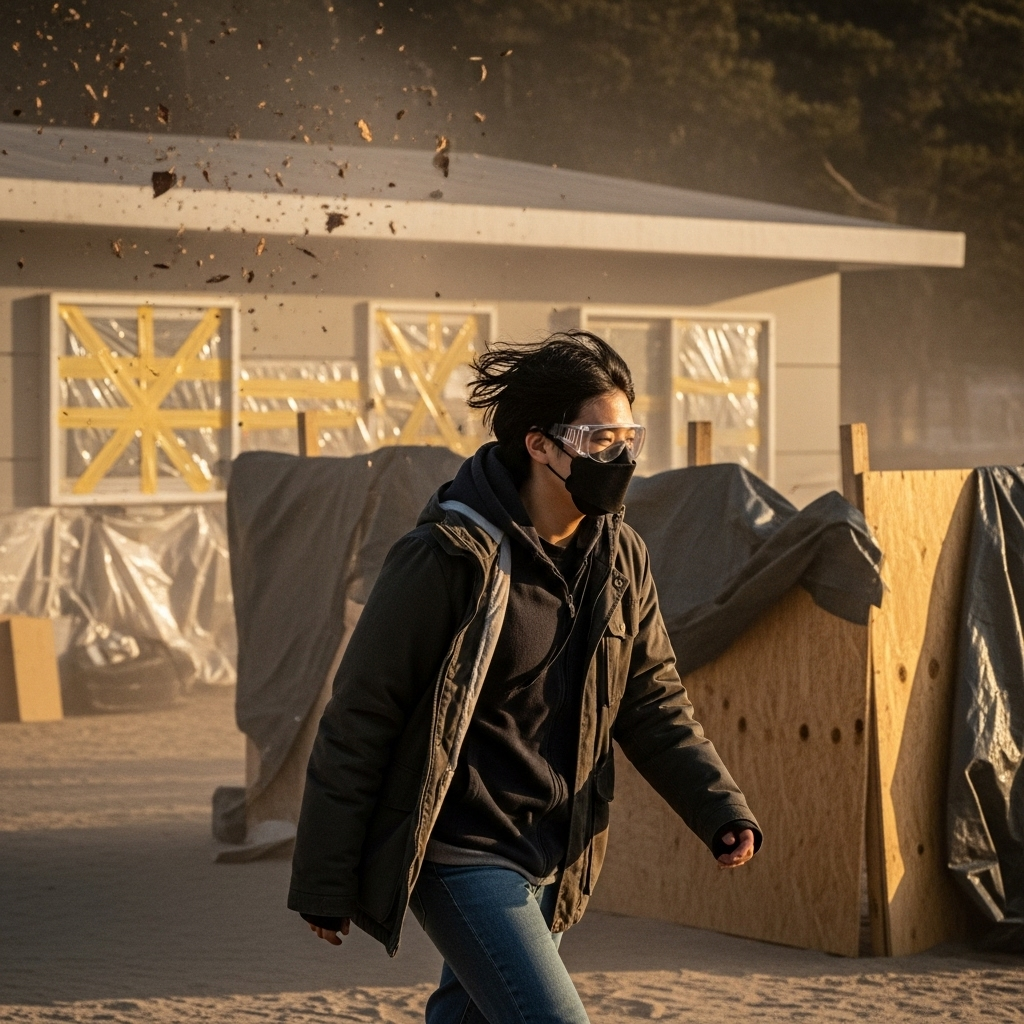 A Korean person wearing a mask and protective eyewear, navigating a dusty, windy environment. In the background, there are signs of preparedness like sealed windows or windbreaks. lifestyle photography, focus on safety and preparedness, no text.