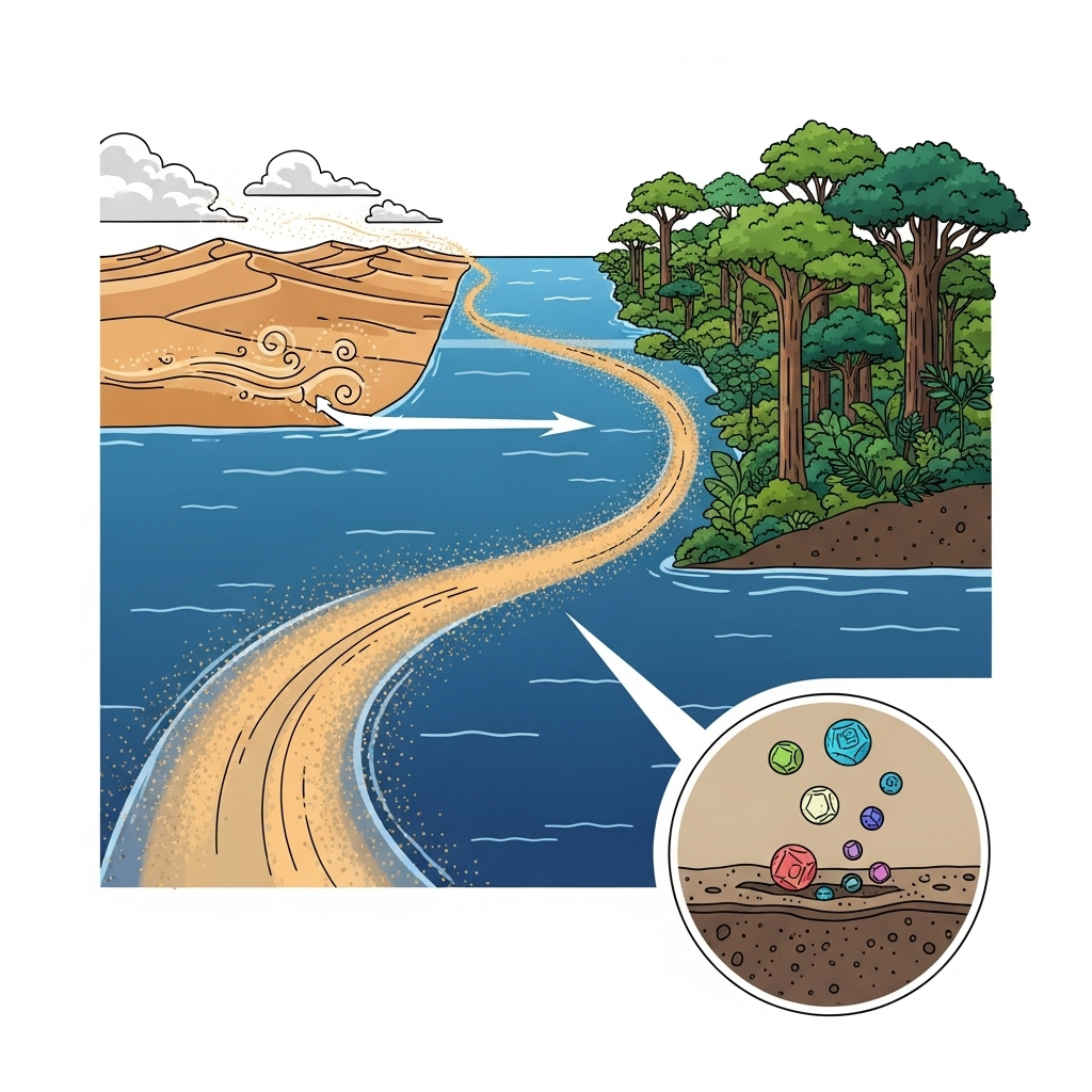 An illustrative scene depicting sand particles traveling across oceans from a desert to a lush Amazon rainforest, symbolizing nutrient delivery. Show a microscopic view of minerals enriching the soil. clean infographic style, conceptual and educational, no text.
