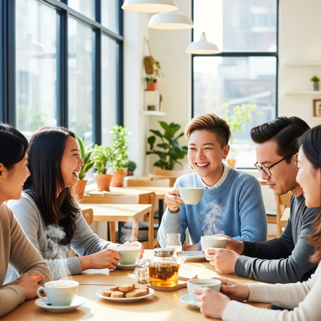 A vibrant lifestyle shot of a diverse group of people (Korean ethnicity) enjoying peppermint tea in a bright, modern cafe setting. Some are smiling, others are focused, conveying a sense of refreshment, good conversation, and well-being. Natural light, subtle steam from cups. no text.