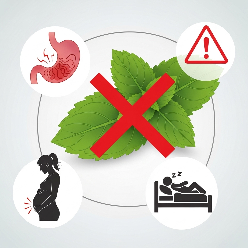 An illustrative infographic with a red 'X' or warning sign over a peppermint leaf, surrounded by smaller icons representing potential side effects like an upset stomach, a pregnant woman, and a person having trouble sleeping. Clean, clear visual style, no text.