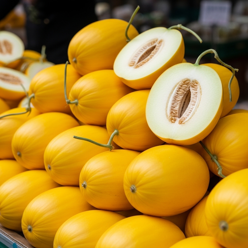 A vibrant image of fresh, ripe Korean oriental melons (chamoe) in a market setting, symbolizing health and summer refreshment. Focus on bright yellow color, crisp texture, and a sense of natural goodness. Lifestyle photography style, natural lighting. No text.