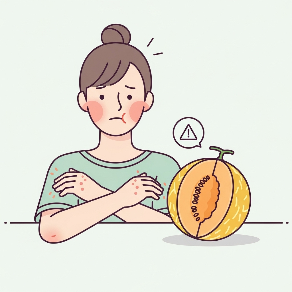 A stylized image depicting a person experiencing mild allergic reactions like a slightly red face or itchy skin after eating fruit, specifically hinting at chamoe. A warning symbol or gentle cautionary tone. Clean infographic style with soft colors. No text.