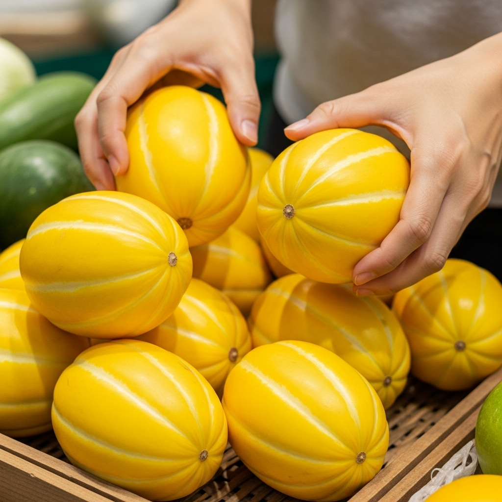 A close-up lifestyle photograph of hands carefully selecting fresh, ripe Korean oriental melons (chamoe) at a grocery store or market. Highlight the visual cues: vibrant yellow color, deep grooves, and small navel. Bright, natural light. No text.