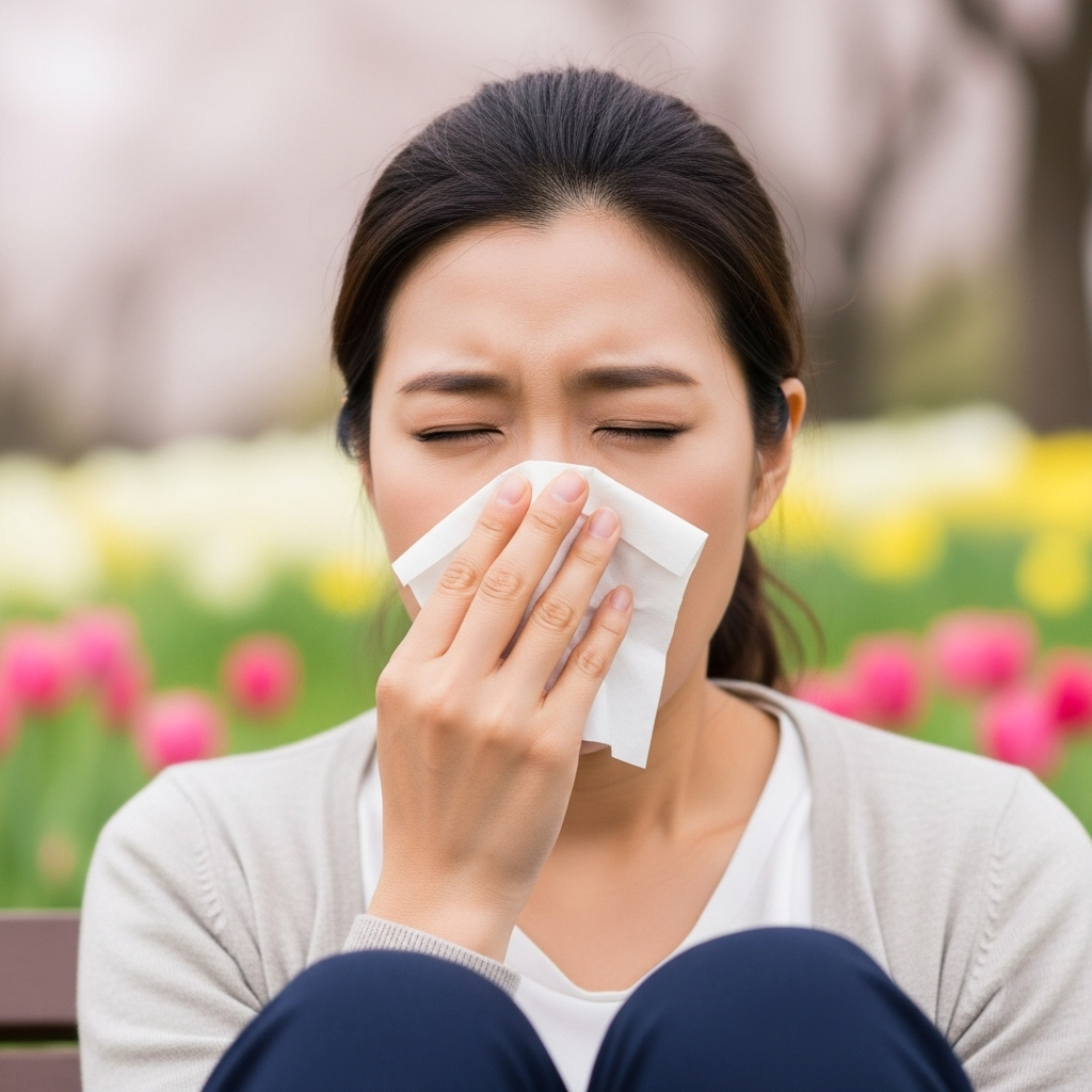 A Korean woman sneezing due to pollen allergy, covering her nose with a tissue. Her eyes are slightly watery. The background shows blurred spring flowers. Lifestyle photography, natural lighting, soft focus. No text.