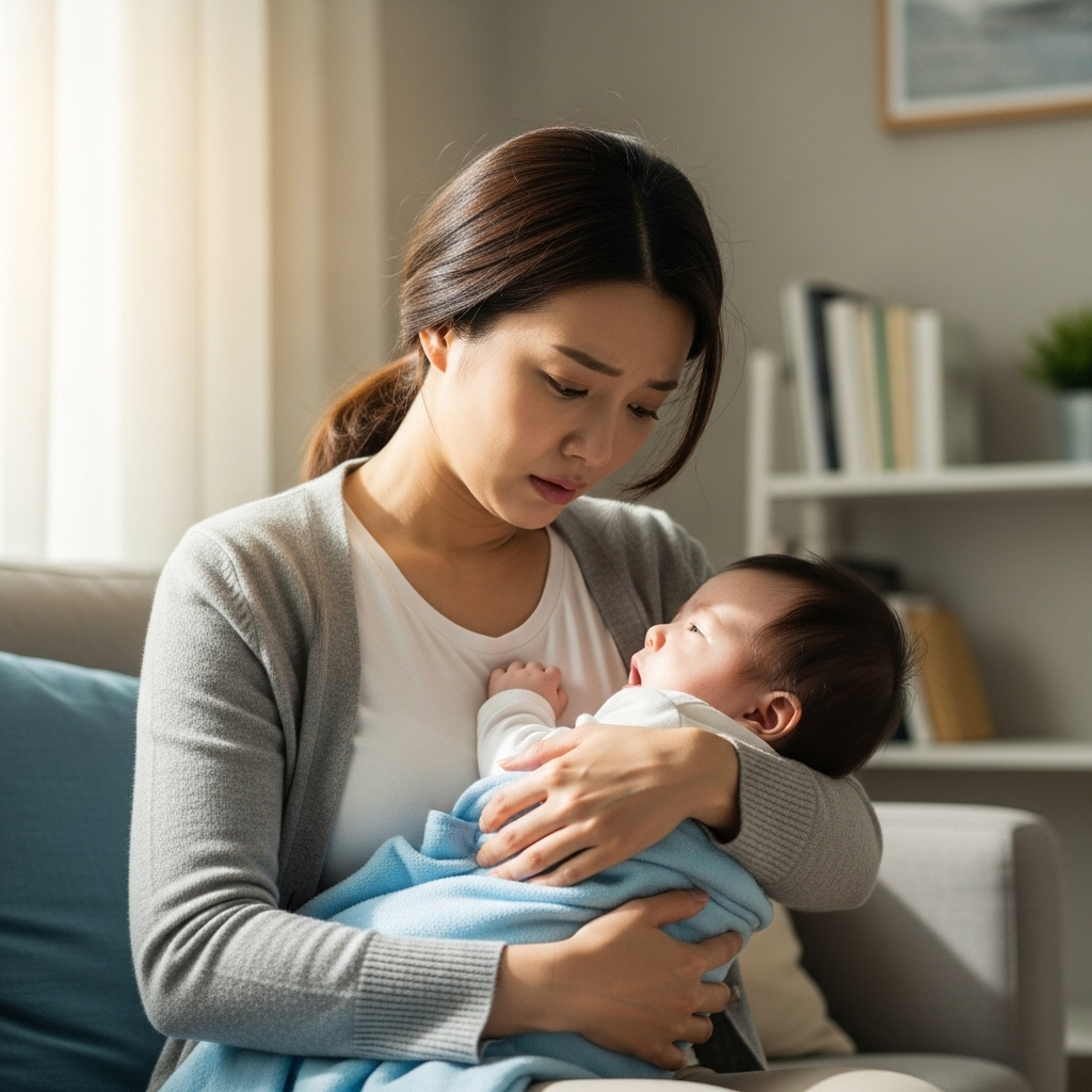 A Korean mother with a worried expression, gently holding her coughing infant in a warm, clean home setting. Soft, natural lighting emphasizes a caring but concerned atmosphere. Lifestyle photography, no text.