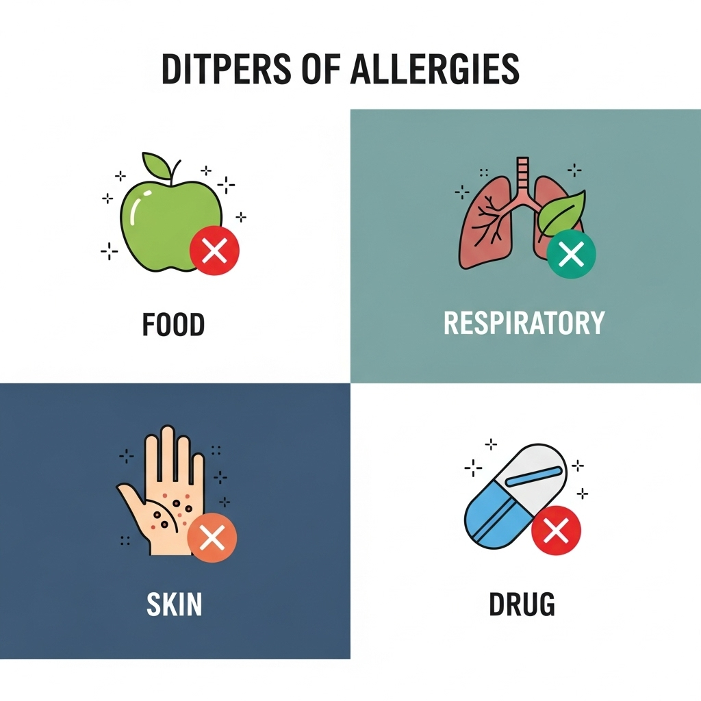 A clean infographic illustrating different types of allergies like food, respiratory, skin, and drug allergies. Each type has a small, distinct icon representing it. The overall design is modern and easy to understand. No text.