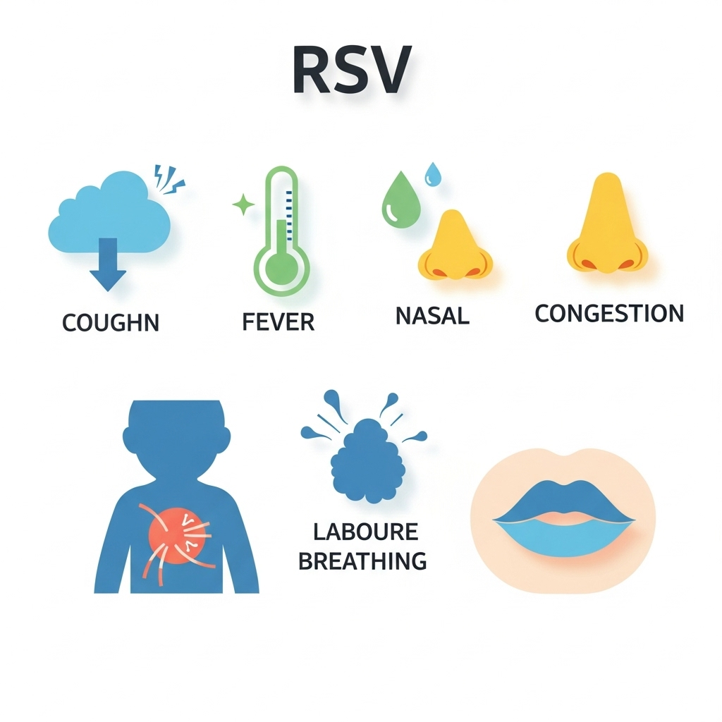 A clean, clear infographic in a modern style, illustrating various symptoms of RSV in infants: coughing, fever, nasal congestion, difficulty breathing, and bluish lips. Use simple icons and bright, clean colors. No text, clean infographic.