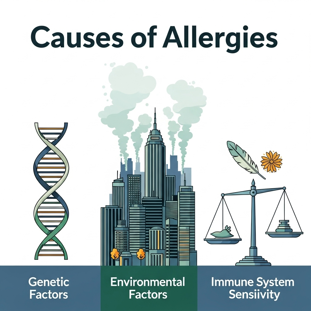 An infographic illustrating various causes of allergies including genetic factors (represented by a DNA helix), environmental factors (smoke, pollution), and immune system sensitivity (a delicate balance scale). Clean, modern, and informative style. No text.