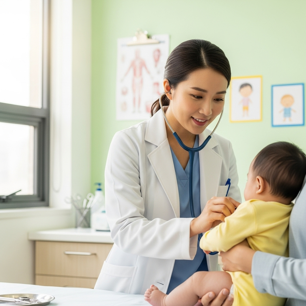 A kind Korean pediatrician, wearing a white coat, gently examining an infant with a stethoscope in a brightly lit and clean clinic. The infant is held by a parent (partially visible). Focus on a calm, professional atmosphere. Lifestyle photography, no text.