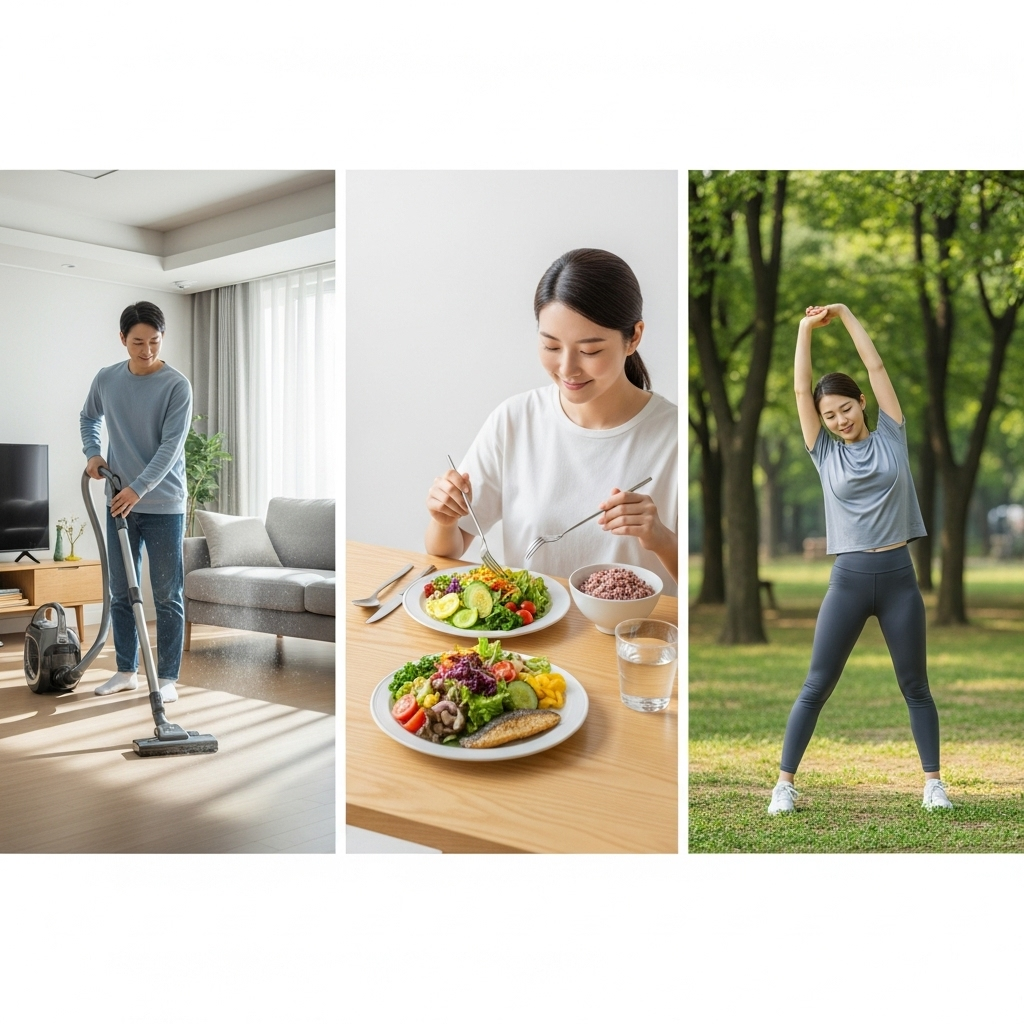 A Korean person engaging in various healthy habits to prevent allergies: cleaning their home with a vacuum, eating a balanced meal with lots of vegetables, and doing light outdoor exercise. The image has a calm, healthy lifestyle photography style. No text.