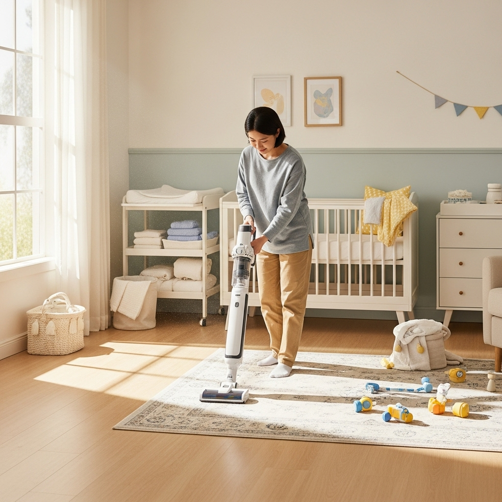 A bright and clean nursery room, where a Korean parent is diligently cleaning the floor and bedding with a modern, cordless vacuum cleaner. Sunlight streams through the window, highlighting a hygienic environment for an infant. Lifestyle photography, no text.