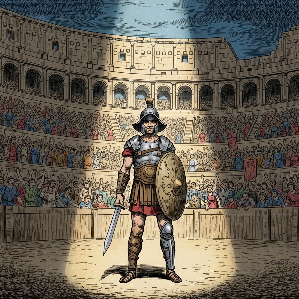 An illustration depicting a grand Roman Colosseum with a solitary gladiator standing in the center, bathed in dramatic light. The stands are filled with cheering spectators, but the gladiator's expression is complex, showing both determination and weariness. Style: historical illustration. No text.