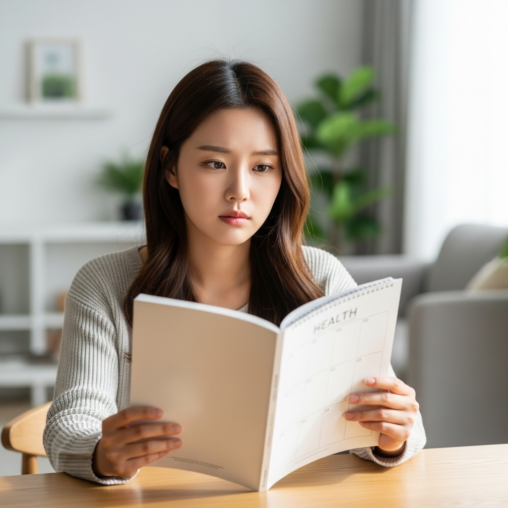 A young Korean woman, around 30-35 years old, looking thoughtful and slightly concerned about her health. She is holding a calendar or a health journal, with a soft, natural light illuminating her face. The background is a clean, modern home environment. Style: lifestyle photography. No text.