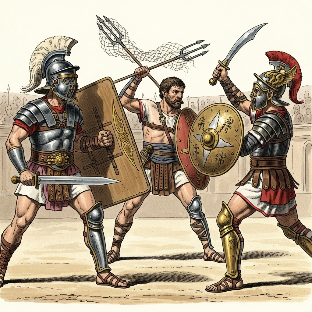 An illustration showing three distinct types of Roman gladiators: Murmillo with a large shield and helmet, Retiarius with a net and trident, and Thraex with a curved sword and small shield. Each gladiator is depicted in action, showcasing their unique weaponry and armor. Style: historical illustration. No text.
