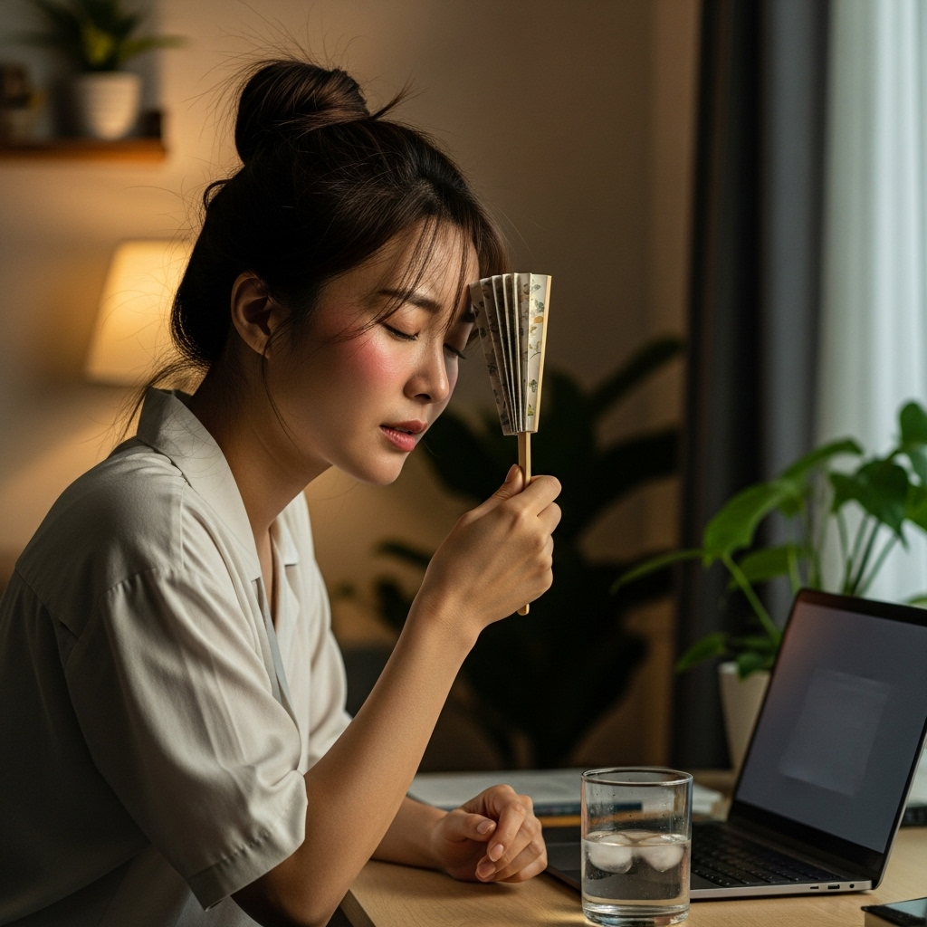 A young Korean woman, around 30-35, experiencing a hot flash or feeling restless. She might be fanning herself or looking uncomfortable in a warm setting, perhaps at home or in an office. Soft, warm lighting. Style: lifestyle photography. No text.
