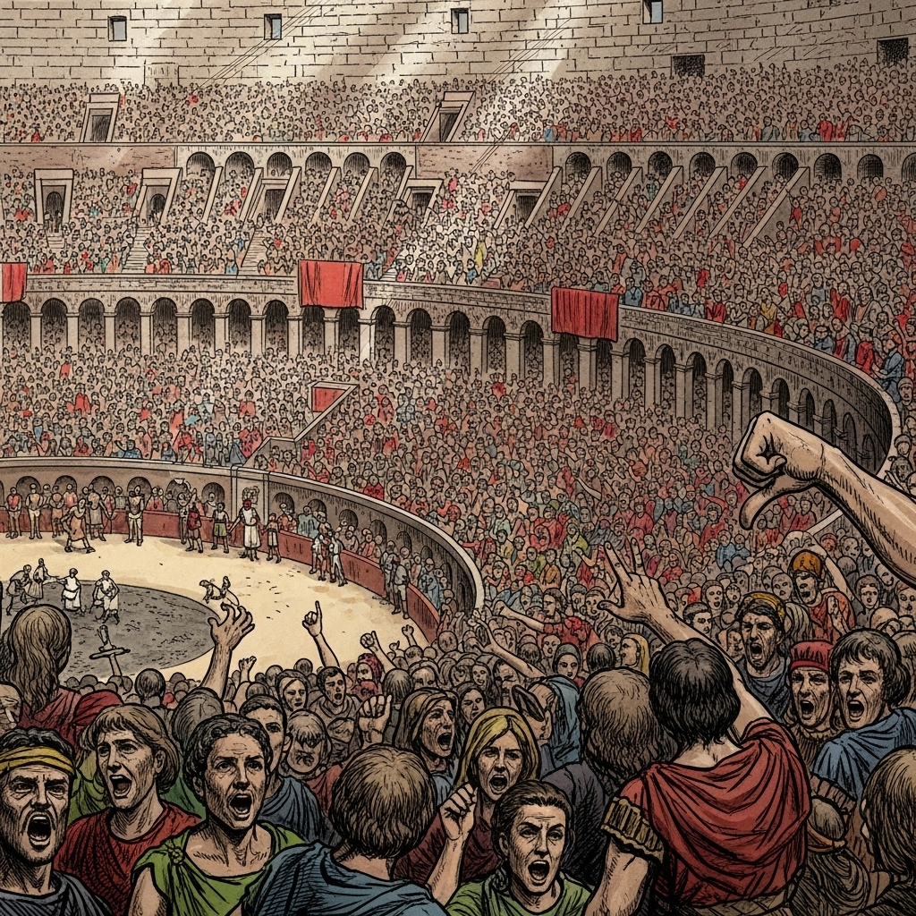 An illustration of a packed Roman Colosseum from a slightly elevated perspective. Spectators are enthusiastically cheering and making hand gestures (thumbs up/down) towards the gladiatorial arena below. The atmosphere is tense and exciting. Style: historical illustration. No text.