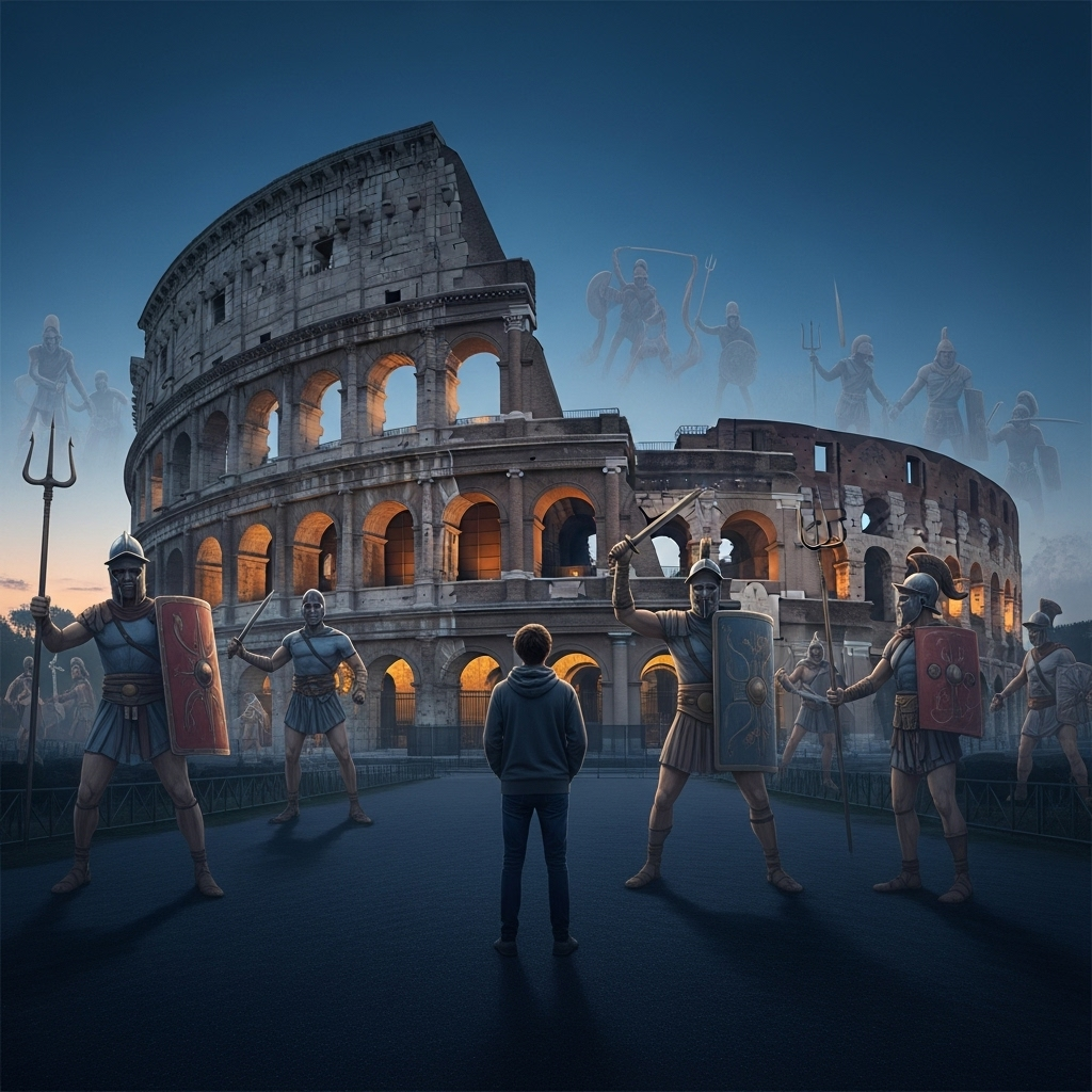 A thought-provoking illustration depicting the lasting legacy of Roman gladiators. A modern person looks towards a dimly lit Colosseum ruin, with ghostly figures of gladiators subtly appearing in the background, symbolizing their enduring influence on history and entertainment. Style: historical illustration with a touch of modern reflection. No text.