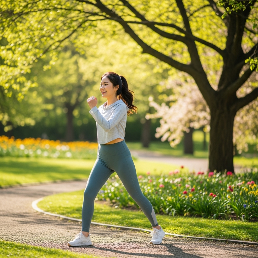 A happy and healthy young Korean woman engaging in light outdoor exercise, like yoga or brisk walking, in a serene park setting. She is wearing comfortable athletic wear. The scene exudes vitality and peace. Style: lifestyle photography. No text.