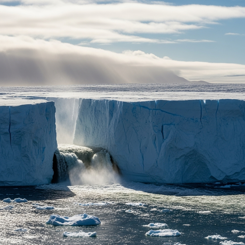 Dramatic melting glaciers and ice sheets in polar regions with flowing water cascading down, showcasing the scale of climate change. Realistic photography with bright daylight, showing the contrast between white ice and dark water. No text.