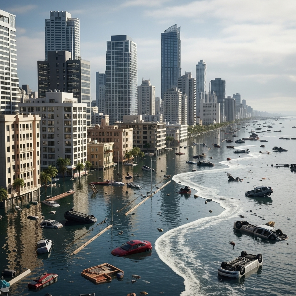 Coastal city partially submerged in water with buildings and streets flooded, showing the devastating impact of rising sea levels. Realistic urban landscape with water reaching buildings, overcast sky, natural lighting. No text.