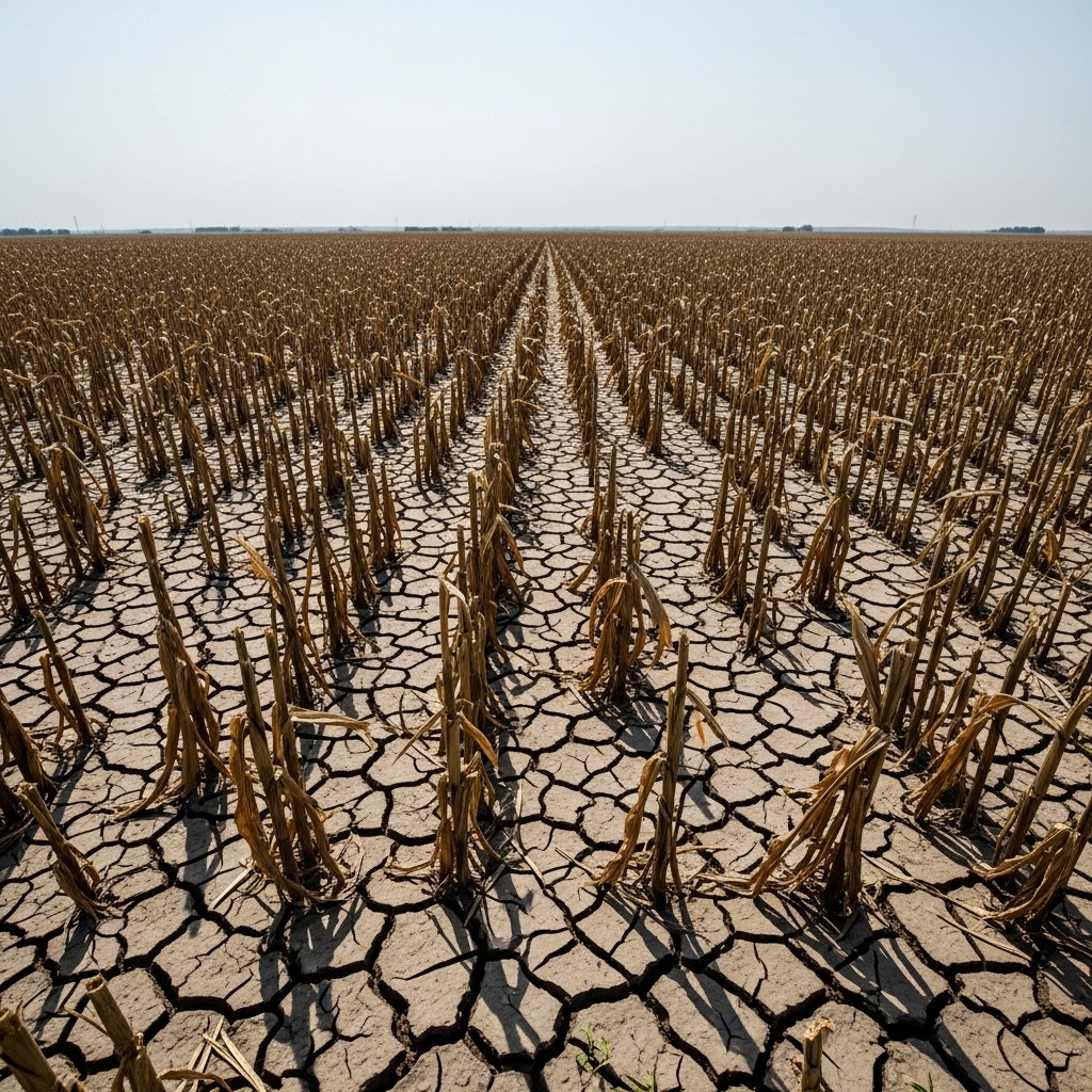 Cracked, parched earth in agricultural fields showing severe drought conditions, with withered crops and dry landscape. Realistic photography with harsh sunlight, emphasizing the devastation of climate change impact on farming. No text.