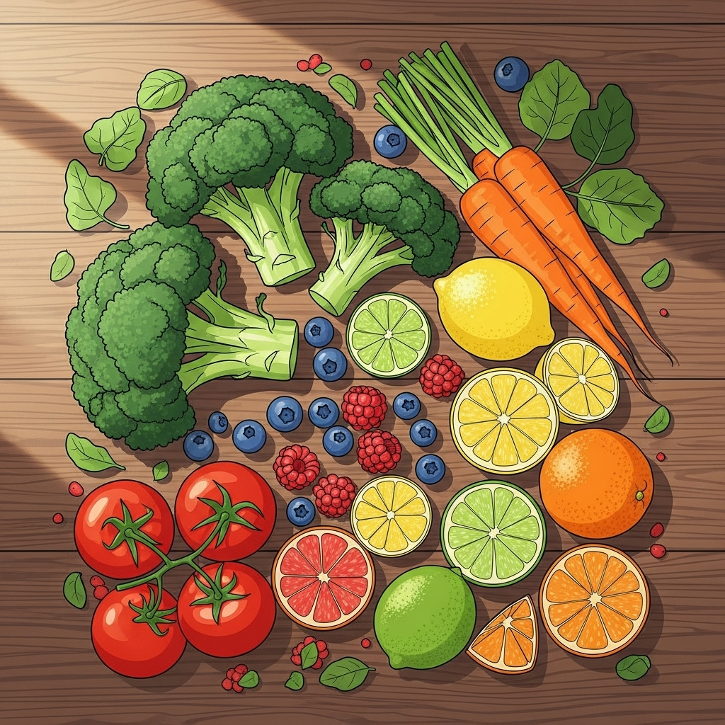 A vibrant, clean infographic-style illustration of fresh colorful vegetables and fruits arranged on a wooden table, including broccoli, carrots, tomatoes, berries, and citrus fruits. Natural sunlight, healthy lifestyle aesthetic, no text.