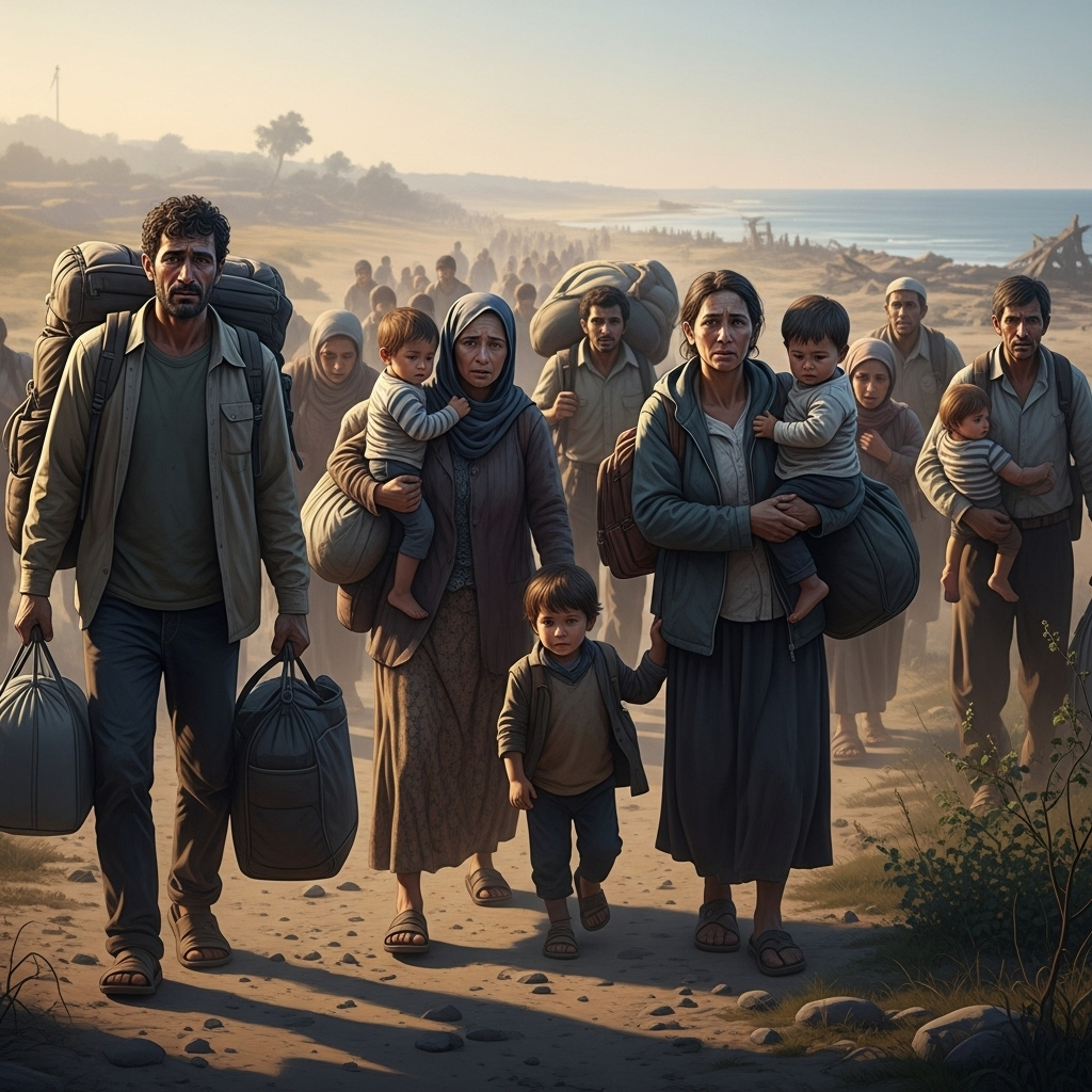 Groups of people migrating from coastal regions inland, showing humanitarian crisis and displacement. Realistic illustration of families with belongings moving toward safer areas, natural lighting, emotional but realistic tone. No text.