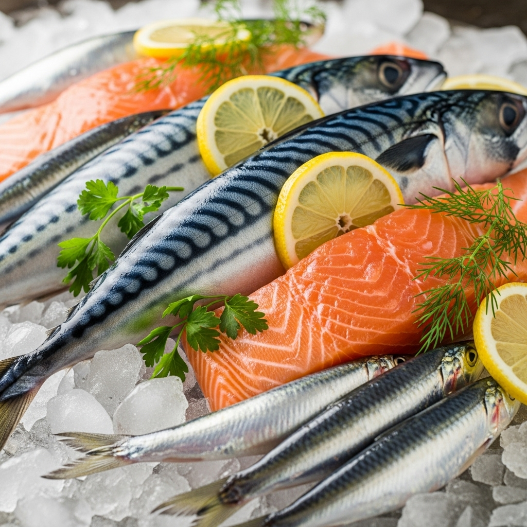 Realistic close-up photography of fresh mackerel, salmon, and sardines on ice with lemon slices and fresh herbs, professional food photography style, natural lighting, no text.