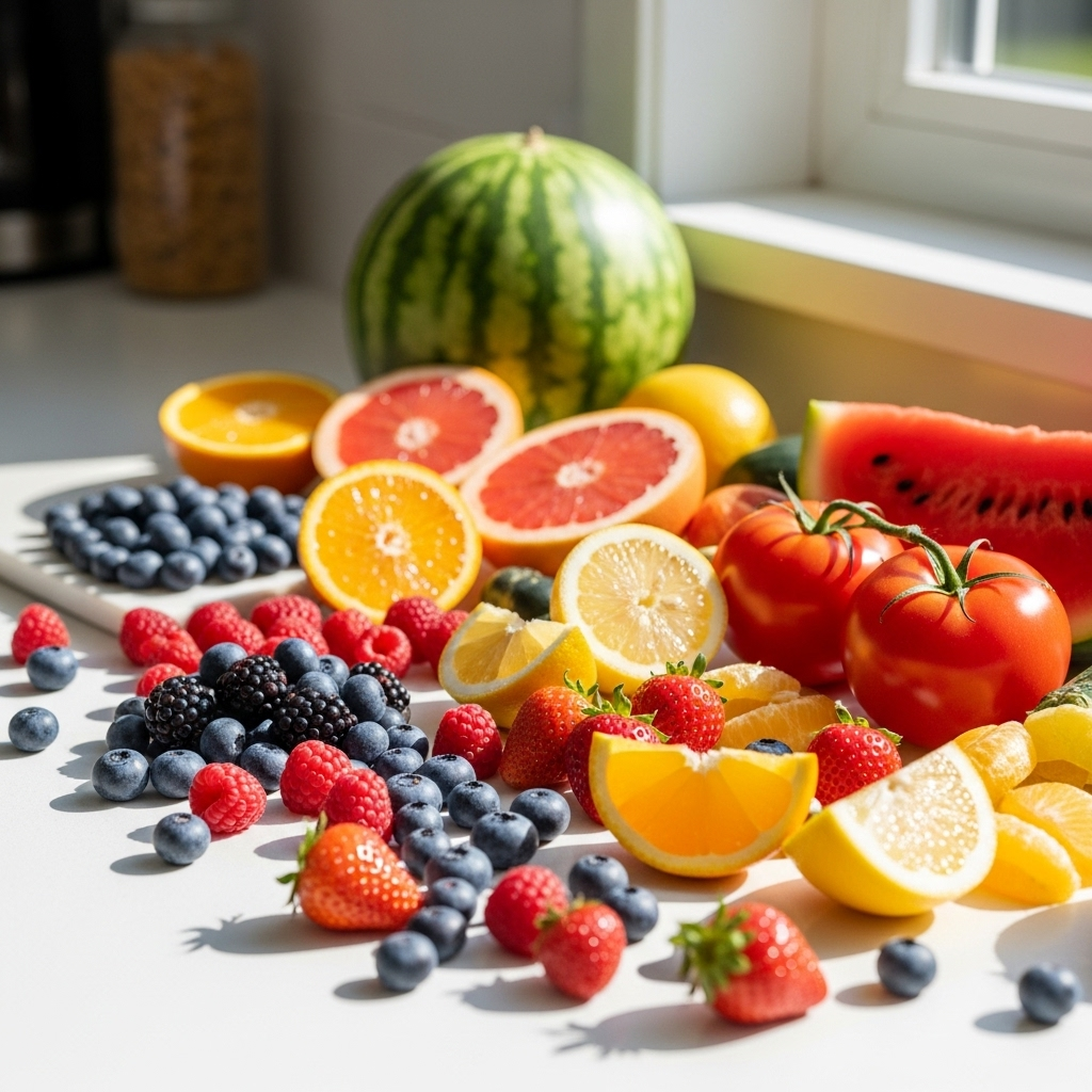 Vibrant lifestyle photography of assorted fresh berries, citrus fruits, tomatoes, and watermelon arranged naturally on a bright kitchen counter with morning sunlight, fresh and healthy aesthetic, no text.