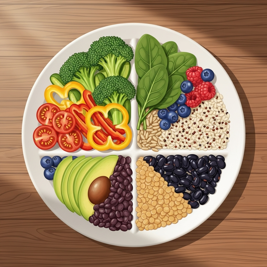 Clean infographic-style illustration showing a balanced plant-based meal plate with vegetables, whole grains, legumes, and fresh produce arranged beautifully on a wooden table with natural lighting, no text.