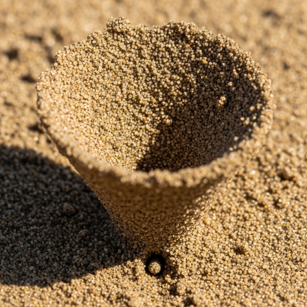 A detailed close-up view of a sand funnel trap created by an antlion larva in sandy soil, showing the geometric cone shape with fine sand particles. Natural lighting from above, shallow depth of field, realistic texture. No text.