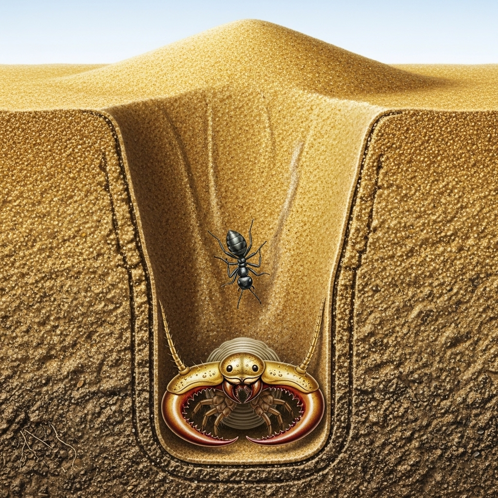 An artistic cross-section illustration showing an antlion larva at the bottom of a sand funnel trap with an insect falling down. Show the ant or small insect struggling on the sandy slope, the antlion with prominent jaws ready to catch. Natural sandy texture, underground setting. No text.