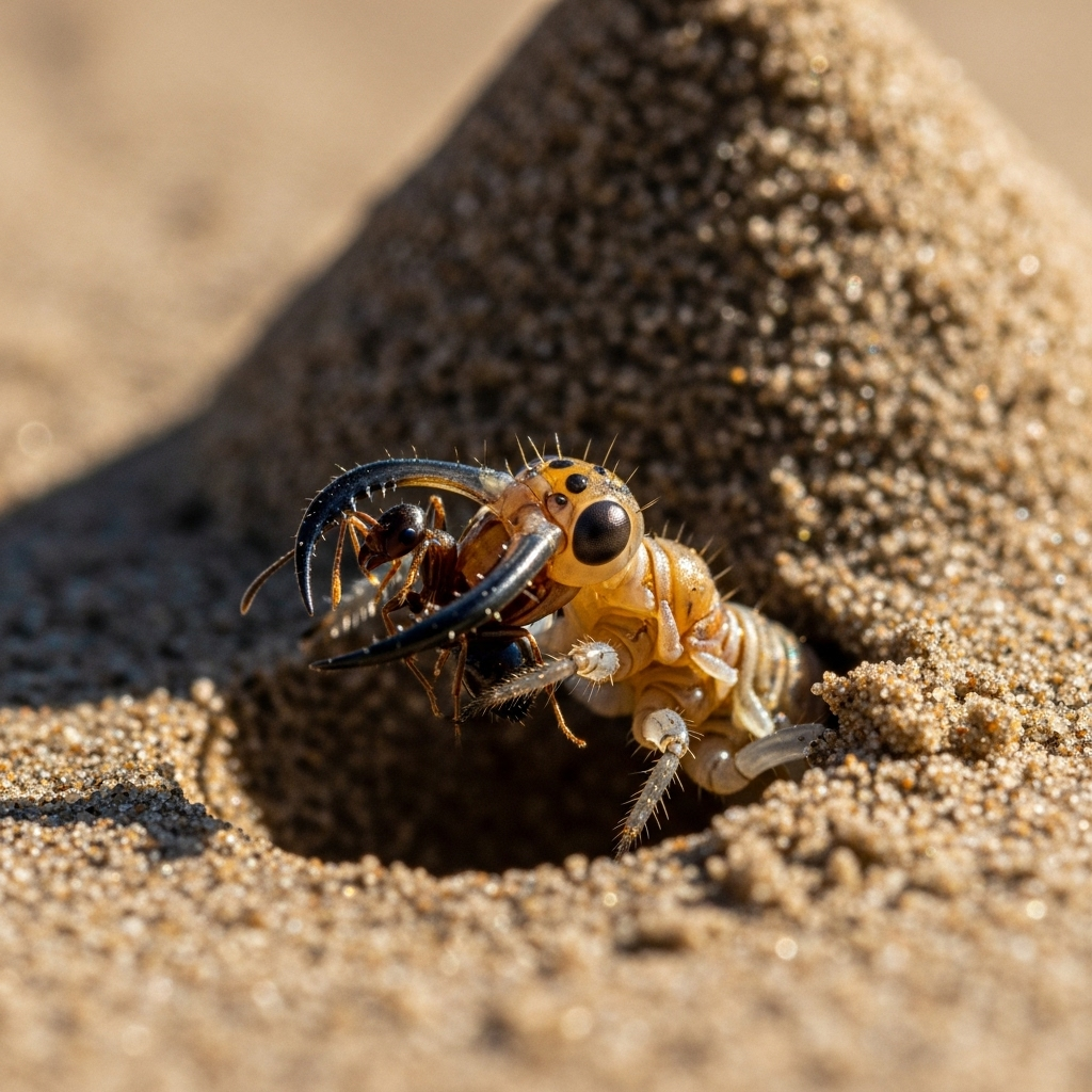 A dramatic macro photography scene of an antlion larva with its distinctive large jaws catching a small ant or insect at the bottom of the sand trap. Show the predatory moment with sharp focus on the antlion's head and jaws. Natural lighting, realistic insect details. No text.