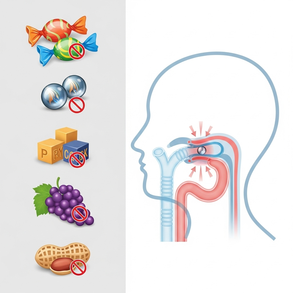 A clean infographic illustrating common choking hazards like candy, nuts, and small toys, alongside a simplified diagram of a human airway, showing how it gets blocked. Emphasize the silent and urgent nature of choking. Style: clean infographic, no text. Focus on visual clarity and immediate understanding for Korean audience.