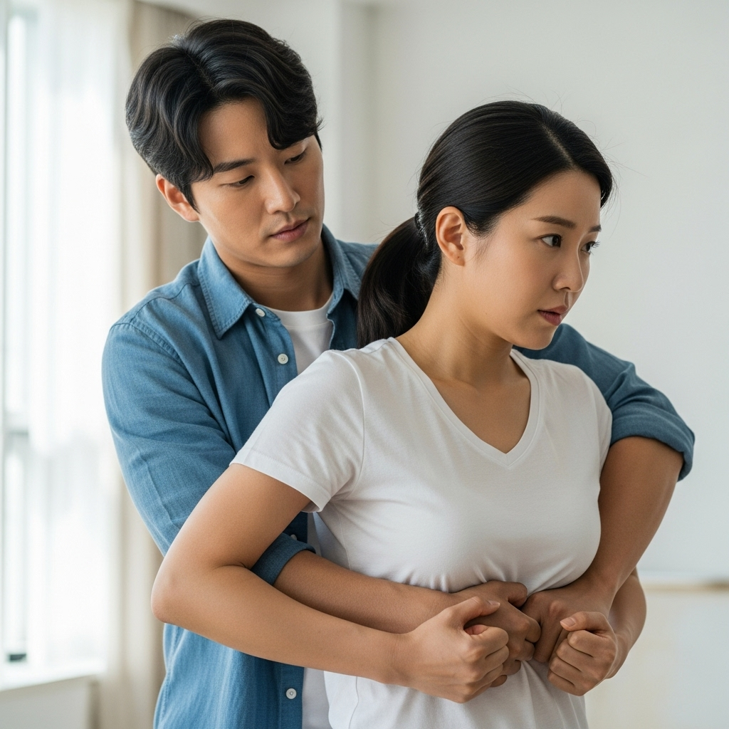 A clear lifestyle photograph of two Korean adults demonstrating the Heimlich maneuver. One person is positioned behind the other, their hands clasped firmly above the navel, performing an upward and inward thrust. The scene should convey seriousness and proper technique. Style: lifestyle photography, no text.