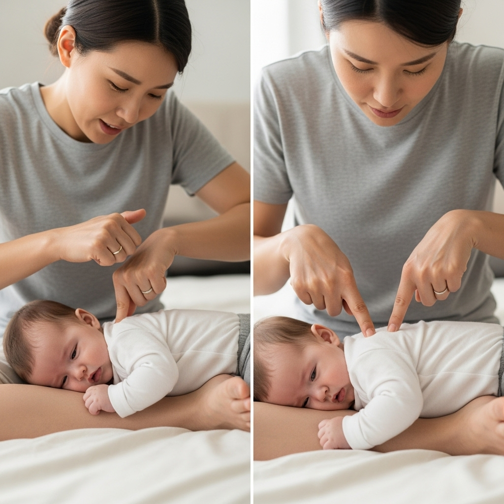 A realistic lifestyle photograph of a Korean parent or caregiver gently but firmly performing infant Heimlich maneuver. The image shows the infant placed face down on the caregiver's forearm or thigh, receiving back blows, and another shot or composite showing chest thrusts. Focus on safe, precise movements. Style: lifestyle photography, no text.