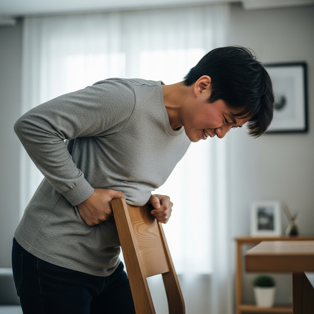 A realistic lifestyle photograph of a Korean individual alone in a room, demonstrating self-Heimlich maneuver using the back of a chair or a table edge to apply abdominal pressure. The expression should show urgency and self-reliance. Style: lifestyle photography, no text.