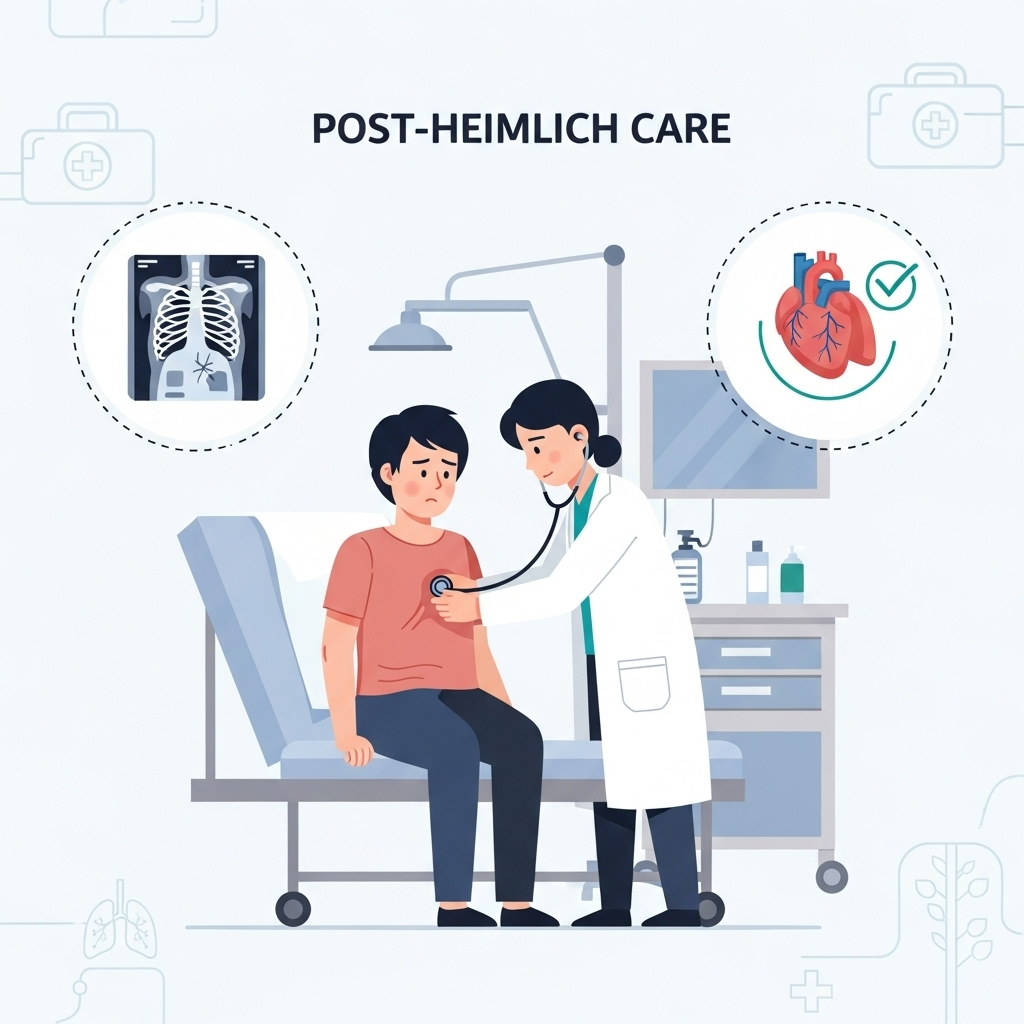 A clean infographic emphasizing the post-Heimlich care, showing a person being examined by a doctor at a hospital, with icons symbolizing potential internal injuries and the need for medical check-up. Style: clean infographic, no text.