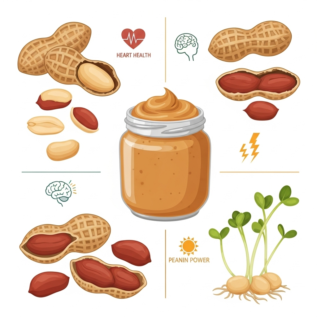 An inviting infographic illustrating various forms of peanuts – roasted peanuts, peanut butter, raw peanuts, and peanut sprouts – with small icons representing their health benefits like heart health, brain power, and energy. The style should be clean and informative with natural colors. No text in image.