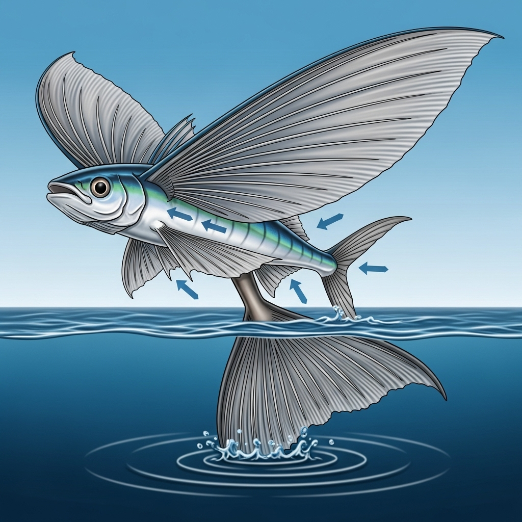 A detailed, clear infographic illustration focusing on the anatomy of a flying fish, highlighting its large, wing-like pectoral fins and powerful caudal (tail) fin, demonstrating their role in gliding. Clean, scientific style, no text in image.