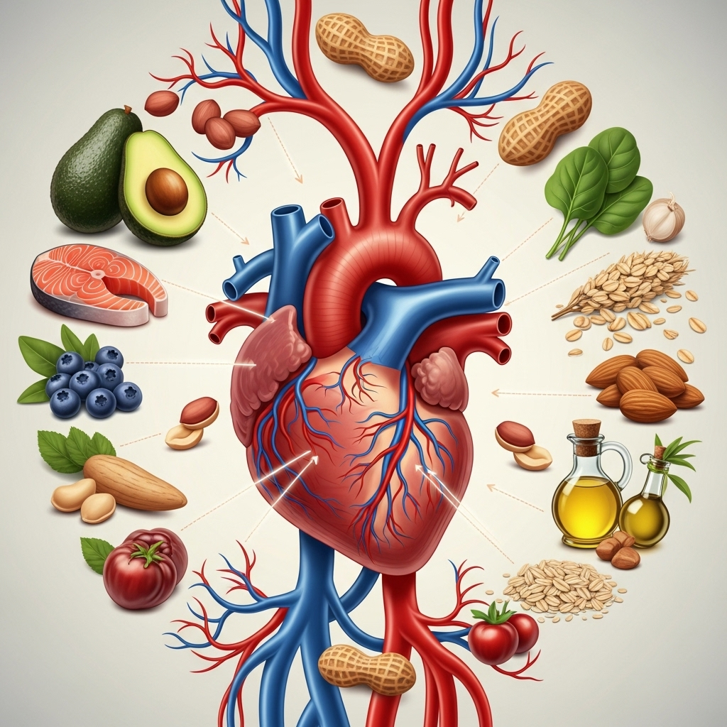A vibrant, detailed infographic showing a healthy human heart surrounded by peanuts and other heart-healthy foods. Emphasize blood vessels and the protective effect of nutrients. Style: clean infographic with rich colors. No text in image.
