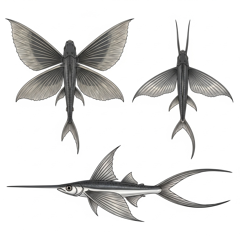 An infographic illustration showcasing three different types of flying fish (four-winged, two-winged, long-tailed), emphasizing the variations in their fin sizes and shapes. Each fish is distinctly illustrated to show its characteristics. Clean, scientific style, no text in image.