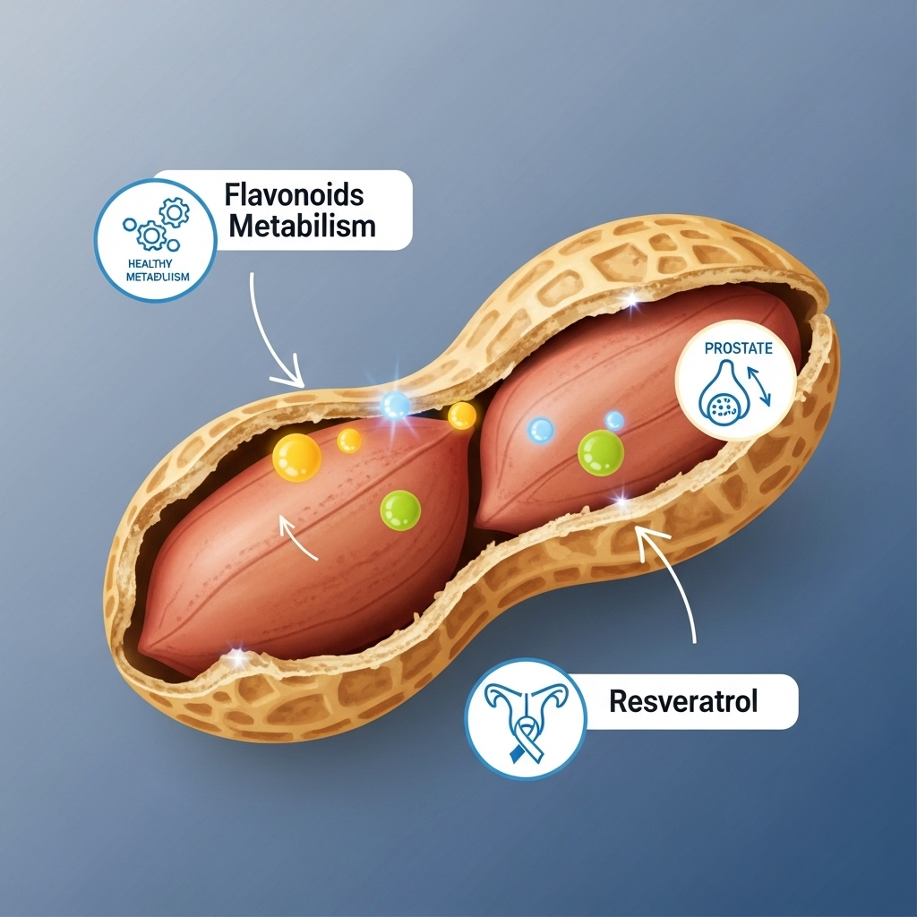 A detailed infographic illustrating a peanut with its shell, highlighting key compounds like flavonoids and resveratrol within the shell. Show their benefits for metabolism and prostate health. Style: clean, scientific infographic with vibrant colors. No text in image.