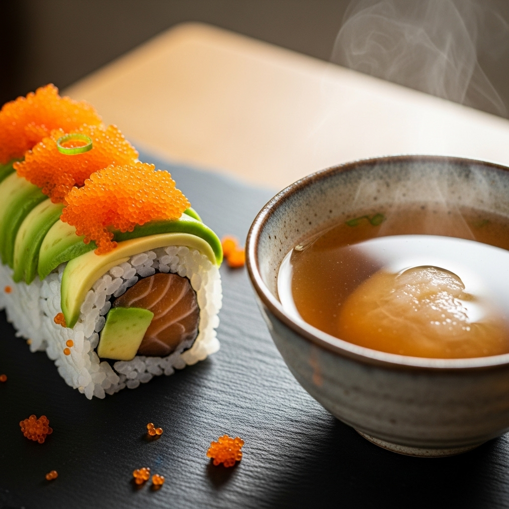 A close-up lifestyle photography image of a sushi roll topped with vibrant orange tobiko (flying fish roe), next to a small bowl of Japanese 'agodashi' broth (made from flying fish). Focus on delicious appearance and culinary use. Warm lighting, no text in image.